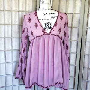 Free People Purple High Waist Long Sleeve Embroidery Open Back Boho Top Size S